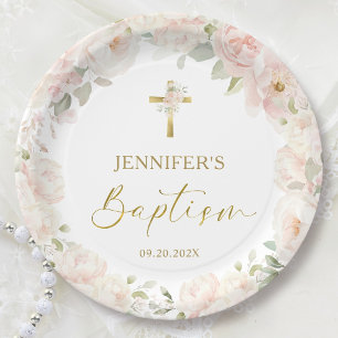 Blush Pink Rose Floral Girl Baptism Paper Plate