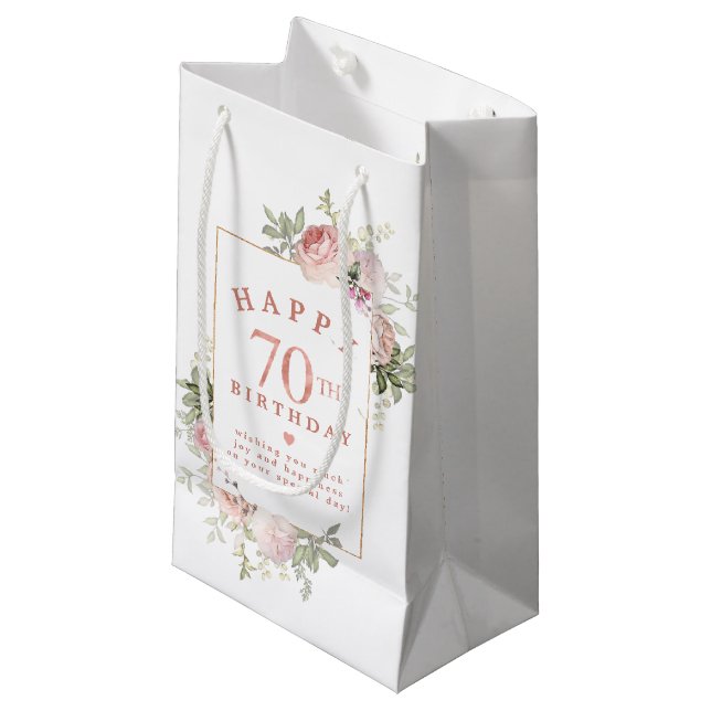 Blush Pink Rose Floral Gold 70th Birthday Small Gift Bag (Front Angled)