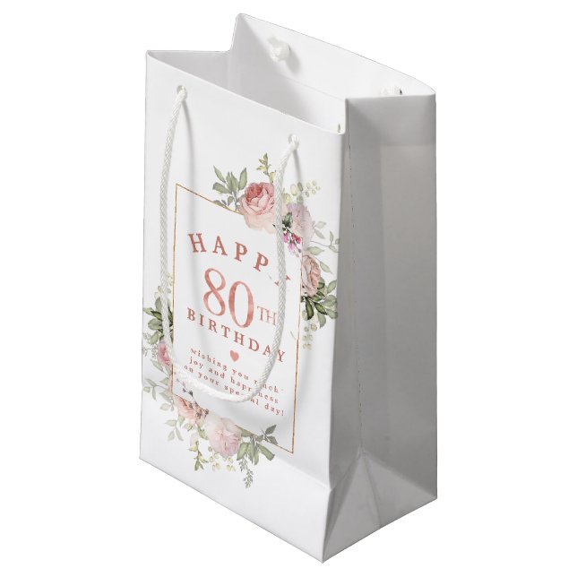 Blush Pink Rose Floral Gold 80th Birthday Small Gift Bag (Front Angled)