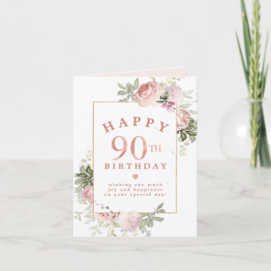 Blush Pink Rose Floral Gold 90th Birthday Card