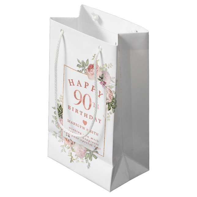 Blush Pink Rose Floral Gold 90th Birthday Small Gi Gift Bag (Front Angled)