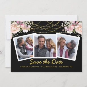 Blush Pink Rose Floral Gold Blue 3 Photo Save The Date