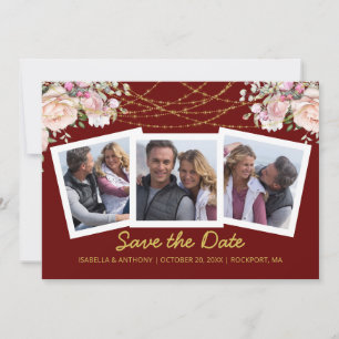 Blush Pink Rose Floral Gold Burgundy 3 Photo  Save The Date