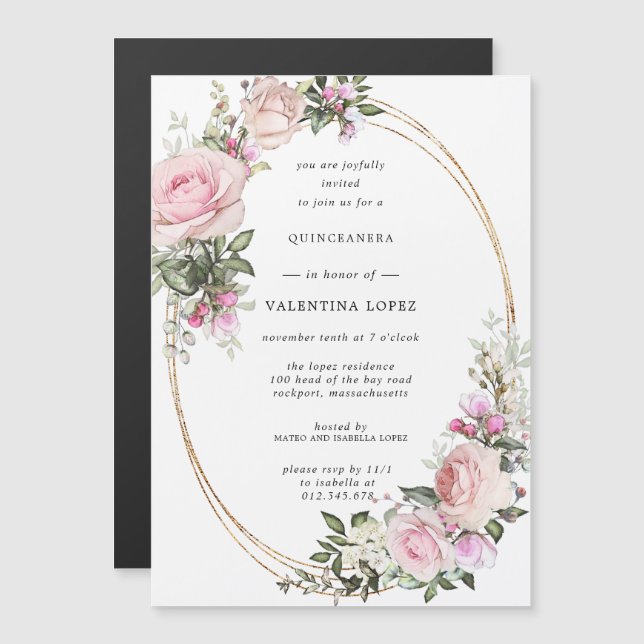 Blush Pink Rose Floral Gold Quinceanera Magnetic Invitation (Front/Back)