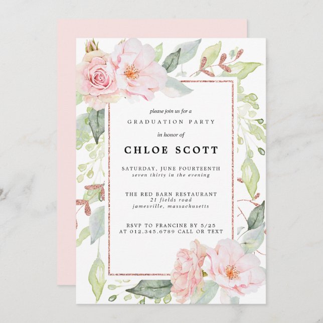 Blush Pink Rose Floral Graduation Invitation (Front/Back)