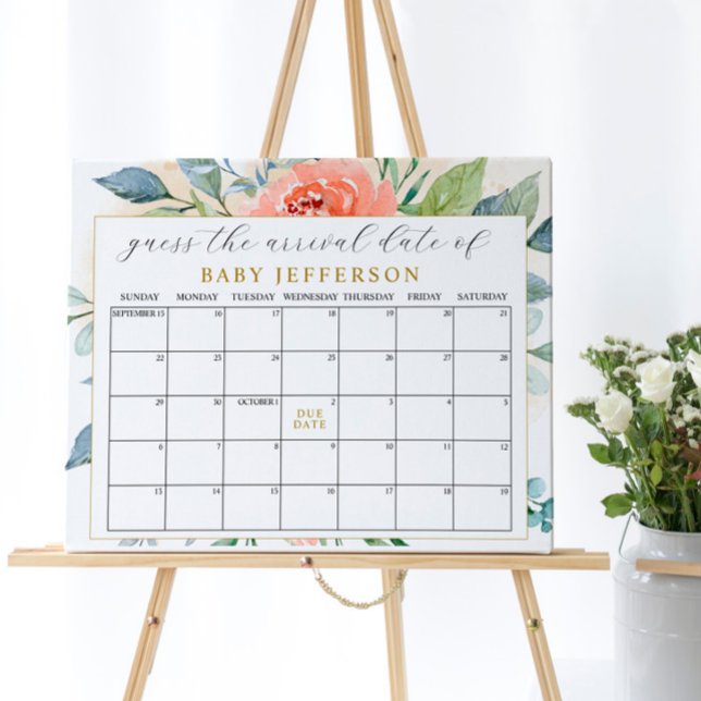 Blush Pink Rose Floral Guess Due Date Calendar Poster (Creator Uploaded)