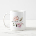 Blush Pink Rose Floral Maid of Honour Coffee Mug<br><div class="desc">Chic and elegant blush pink floral design features the title Maid of Honour and 1 line of personalised text below. All of the text can be edited, the colour, font and size changed. Make one for each of the bridal party. It will look great in your getting ready photos. This...</div>