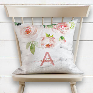 Blush Pink Rose Floral Marble Name Monogram Cushion