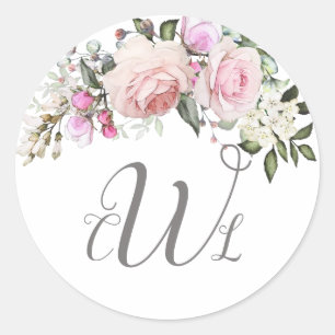 Blush Pink Rose Floral Monogram Classic Round Stic Sticker