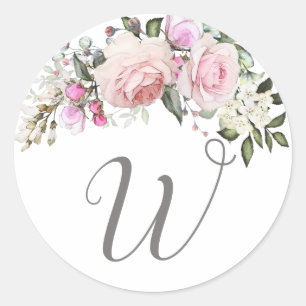 Blush Pink Rose Floral Monogram Classic Round Sticker