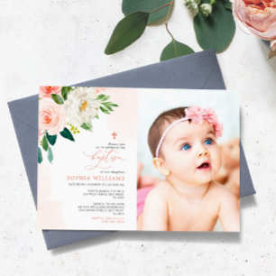 Blush Pink Rose Floral Photo Girl Baptism Invitation