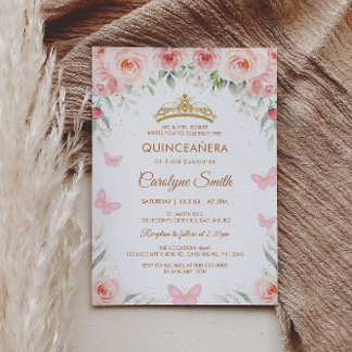 Blush Pink Rose Floral Quinceañera Butterfly Invitation