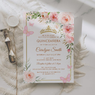 Blush Pink Rose Floral Quinceañera Butterfly Tiara Invitation