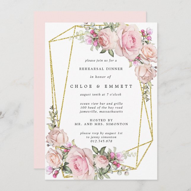 Blush Pink Rose Floral Rehearsal Dinner Invitation (Front/Back)