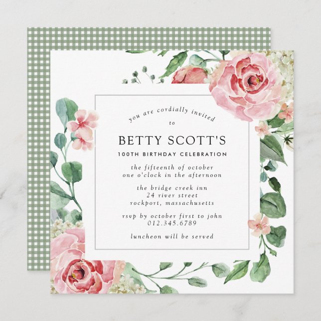 Blush Pink Rose Floral Square 100th Birthday Party Invitation (Front/Back)