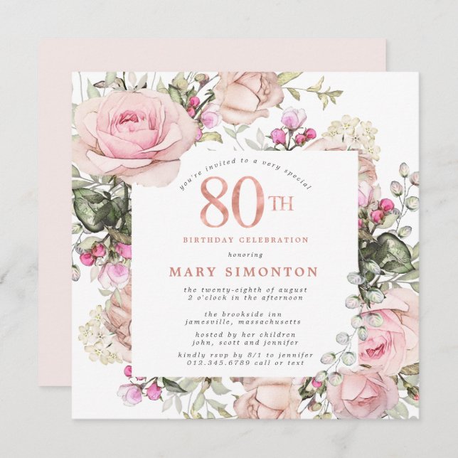 Blush Pink Rose Floral Square 80th Birthday Party Invitation (Front/Back)