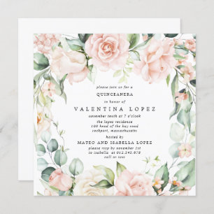 Blush Pink Rose Floral Square Quinceanera Invitation