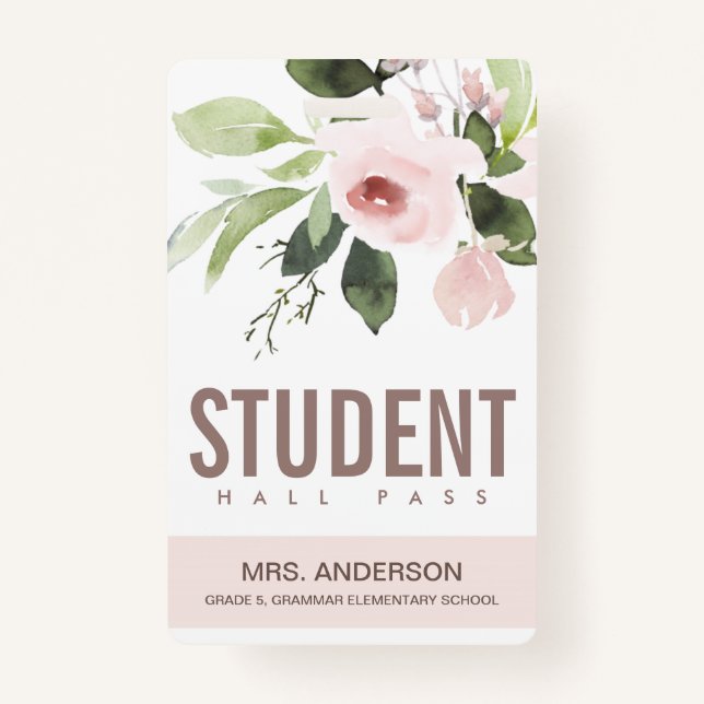 BLUSH PINK ROSE FLORAL STUDENT TEACHER HALL PASS ID BADGE (Front)