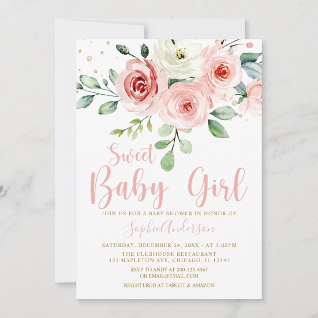 Blush Pink Rose Floral Sweet Baby Girl Baby Shower Invitation (Front)