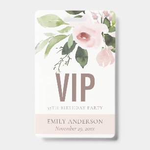 BLUSH PINK ROSE FLORAL VIP ANY AGE BIRTHDAY PASS ID BADGE