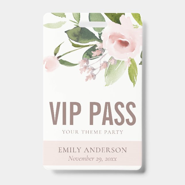 BLUSH PINK ROSE FLORAL VIP ANY THEME PARTY PASS ID BADGE (Front)