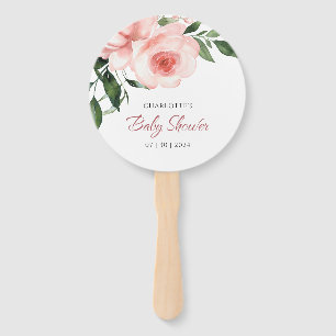 Blush Pink Rose Floral Watercolor Baby Shower Hand Fan