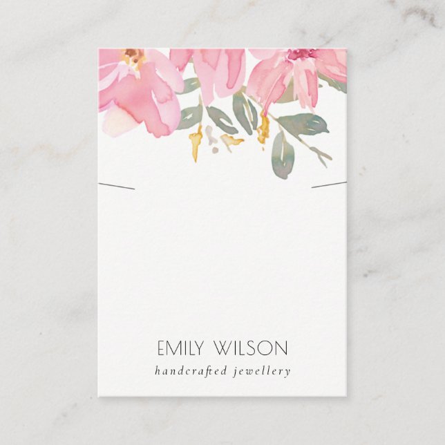 BLUSH PINK ROSE FLORAL WATERCOLOR NECKLACE DISPLAY BUSINESS CARD (Front)