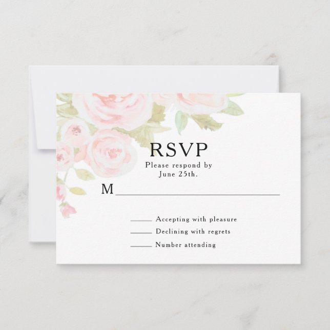 Blush Pink Rose Floral Watercolor Wedding RSVP (Front)