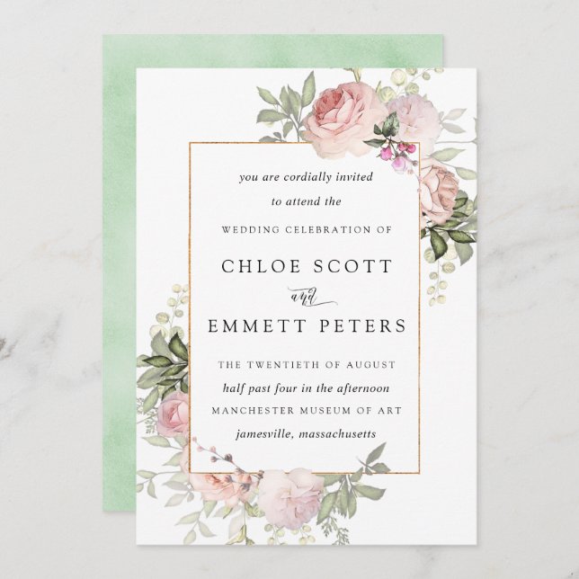 Blush Pink Rose Floral Wedding Invitation (Front/Back)