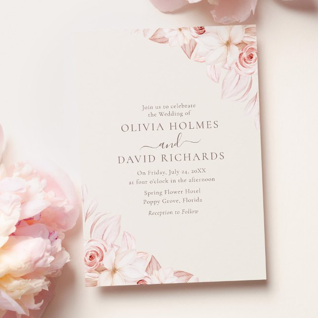 Blush Pink Rose Floral Wedding Invitation (Romantic Beige and Pink Roses Wedding Invitation on pink table with pink roses.)