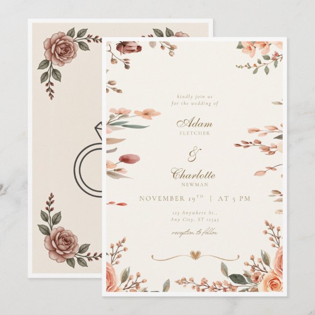 Blush Pink Rose Floral Wedding Invitation  Descrip (Front/Back)