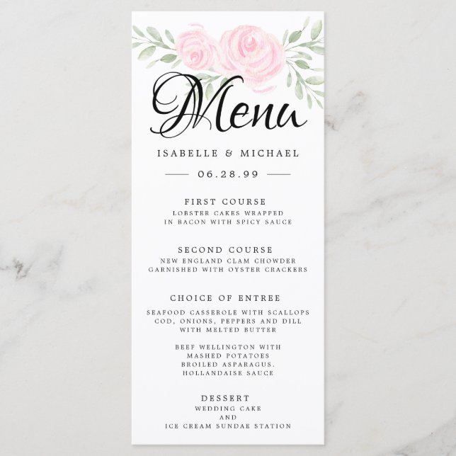 Blush Pink Rose Floral Wedding Menu Card (Front)