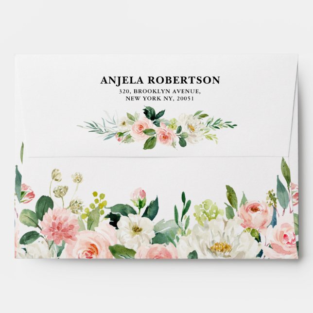Blush Pink Rose Florals Modern Botanical Wedding Envelope (Back (Top Flap))