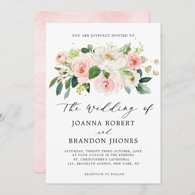 Blush Pink Rose Florals Modern Botanical Wedding Invitation (Front/Back)