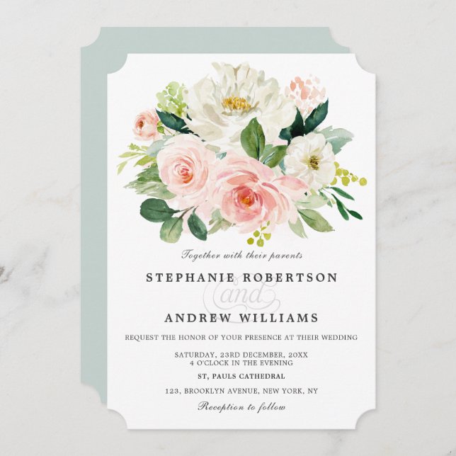 Blush Pink Rose Florals Modern Botanical Wedding Invitation (Front/Back)