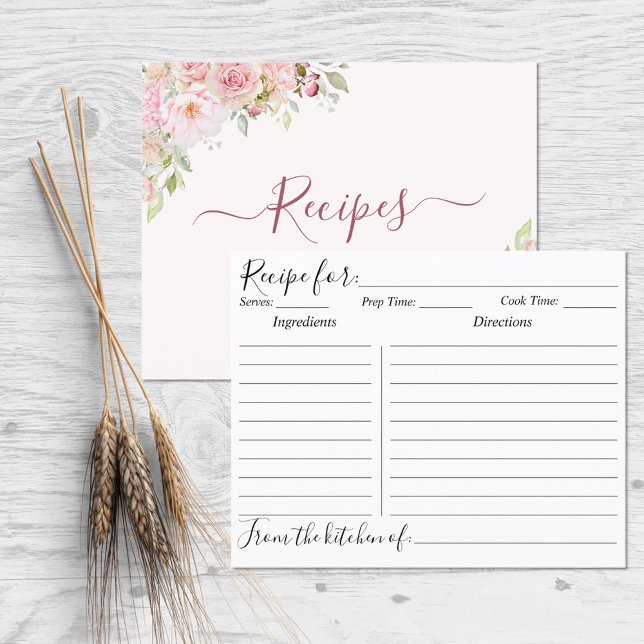 Blush Pink Rose Flower Floral Cooking Recipe Card (Front and Back)