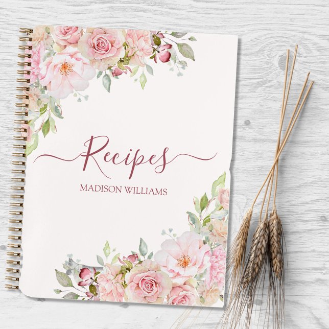 Blush Pink Rose Flower Floral Family Cook Recipe Notebook (In situ)
