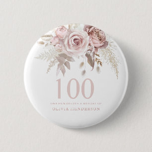Blush Pink Rose Flowers 100th Birthday Party 6 Cm Round Badge