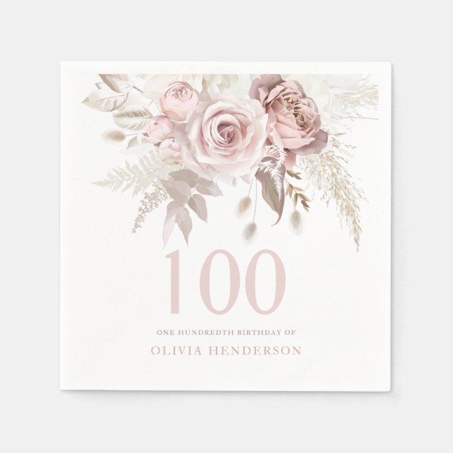 Blush Pink Rose Flowers 100th Birthday Party Event Napkin (Front)