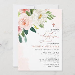 Blush Pink Rose Flowers Baptism Invitation