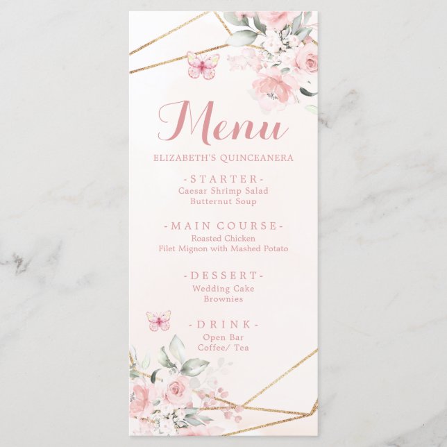 Blush Pink Rose Geometric Sweet Sixteen Birthday Menu (Front)