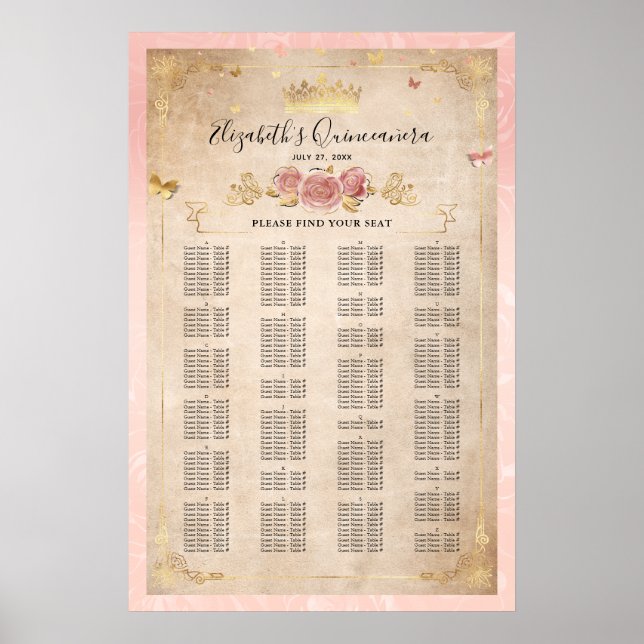 Blush Pink Rose & Gold Alphabetical Seating Chart (Front)