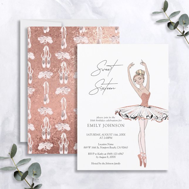 Blush Pink Rose Gold Ballerina Sweet 16 Birthday Invitation (Creator Uploaded)