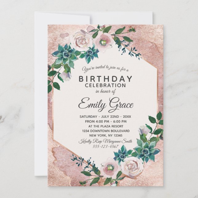 Blush Pink Rose Gold Birthday Party Invitation (Front)