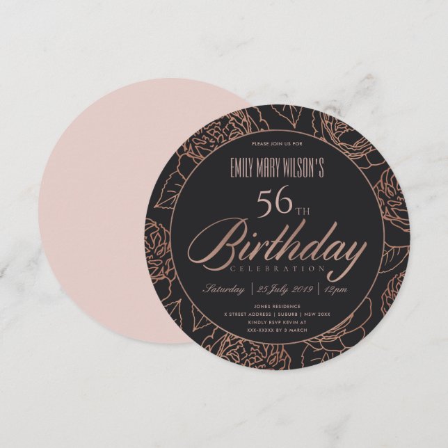 BLUSH PINK ROSE GOLD BLACK FLORAL ANY AGE BIRTHDAY INVITATION (Front/Back)