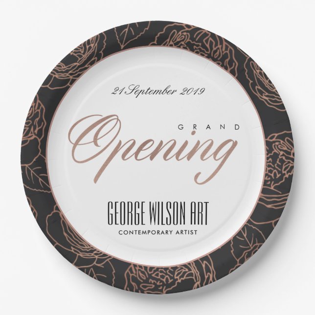 BLUSH PINK ROSE GOLD BLACK FLORAL GRAND OPENING PAPER PLATE (Front)