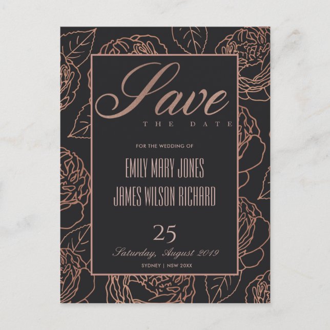 BLUSH PINK ROSE GOLD BLACK FLORAL SAVE OUR DATE ANNOUNCEMENT POSTCARD (Front)