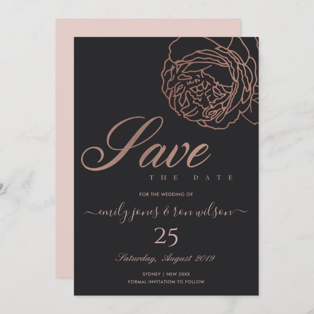 BLUSH PINK ROSE GOLD BLACK FLORAL SAVE THE DATE INVITATION (Front/Back)