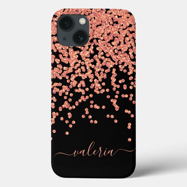 Blush Pink Rose Gold Black Glitter Monogram Name Case-Mate iPhone Case (Back)