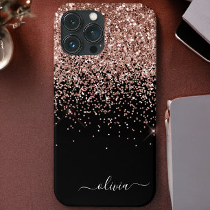 Blush Pink Rose Gold Black Glitter Monogram Name Case-Mate iPhone Case
